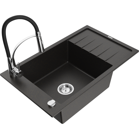 Mexen Elias zlewozmywak granitowy 1-komorowy z ociekaczem i baterią kuchenną Aster, czarny/złoty metalik - 6511-75-73450-70