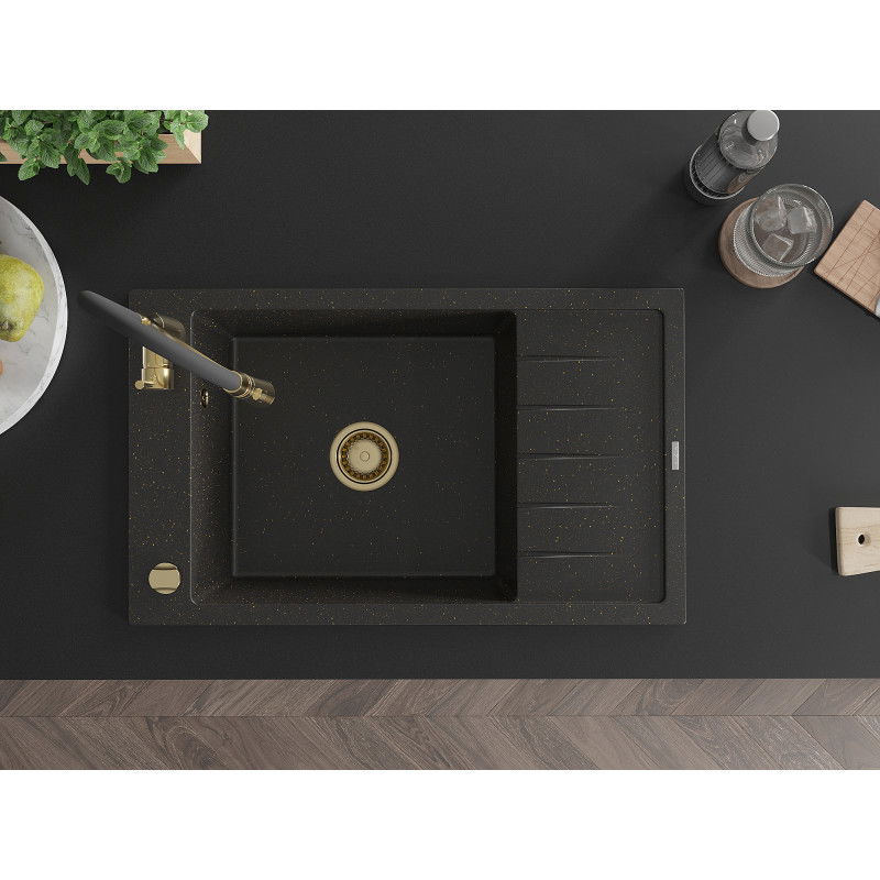 Mexen Elias zlewozmywak granitowy 1-komorowy z ociekaczem i baterią kuchenną Aster, czarny/złoty metalik - 6511-75-73450-57-G