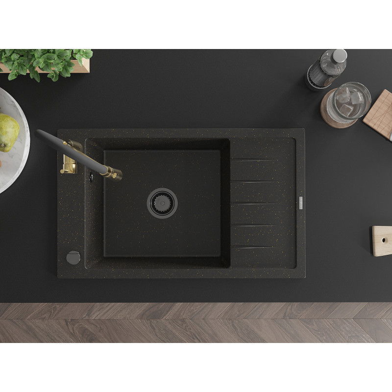 Mexen Elias zlewozmywak granitowy 1-komorowy z ociekaczem i baterią kuchenną Aster, czarny/złoty metalik - 6511-75-73450-57-B