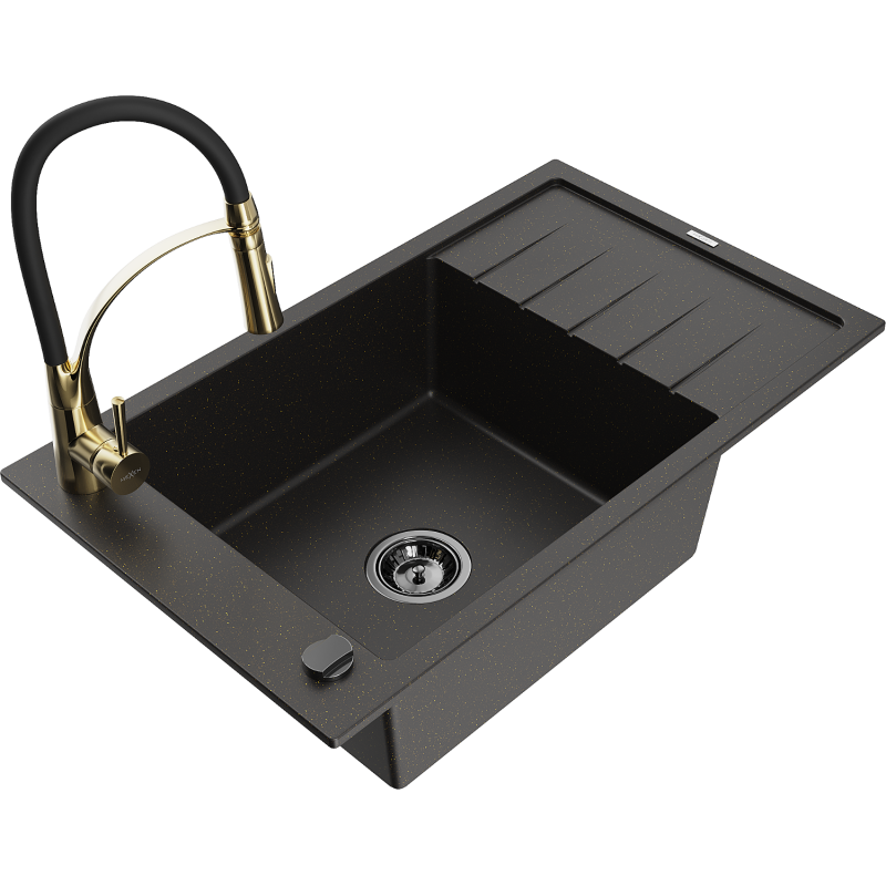 Mexen Elias zlewozmywak granitowy 1-komorowy z ociekaczem i baterią kuchenną Aster, czarny/złoty metalik - 6511-75-73450-57-B