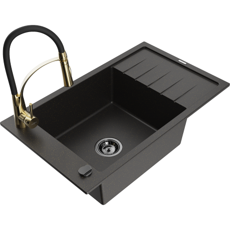 Mexen Elias zlewozmywak granitowy 1-komorowy z ociekaczem i baterią kuchenną Aster, czarny/złoty metalik - 6511-75-73450-57-B