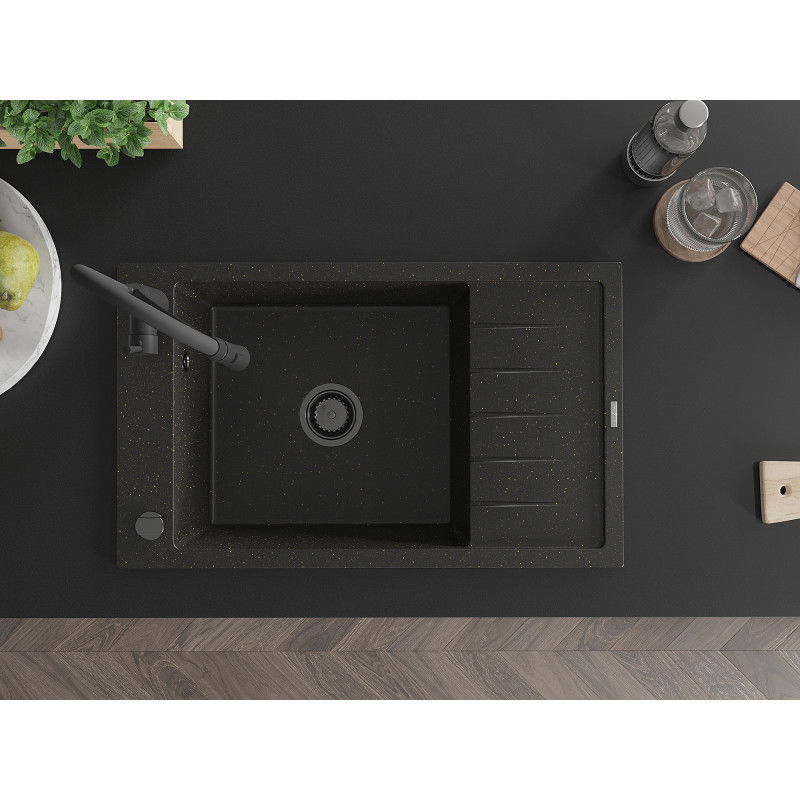 Mexen Elias zlewozmywak granitowy 1-komorowy z ociekaczem i baterią kuchenną Aster, czarny/złoty metalik - 6511-75-73450-70-B