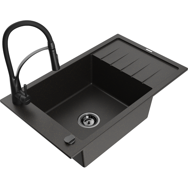 Mexen Elias zlewozmywak granitowy 1-komorowy z ociekaczem i baterią kuchenną Aster, czarny/złoty metalik - 6511-75-73450-70-B