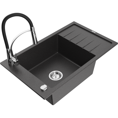 Mexen Elias zlewozmywak granitowy 1-komorowy z ociekaczem i baterią kuchenną Aster, czarny nakrapiany - 6511-76-73450-07