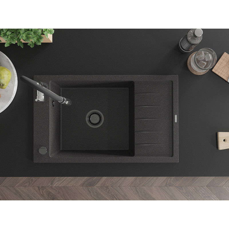 Mexen Elias zlewozmywak granitowy 1-komorowy z ociekaczem i baterią kuchenną Aster, czarny nakrapiany - 6511-76-73450-07-B