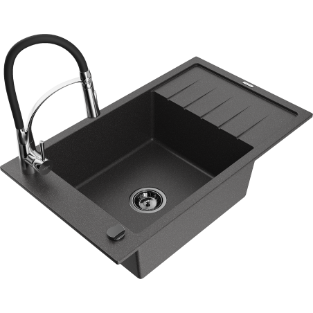 Mexen Elias zlewozmywak granitowy 1-komorowy z ociekaczem i baterią kuchenną Aster, czarny nakrapiany - 6511-76-73450-07-B