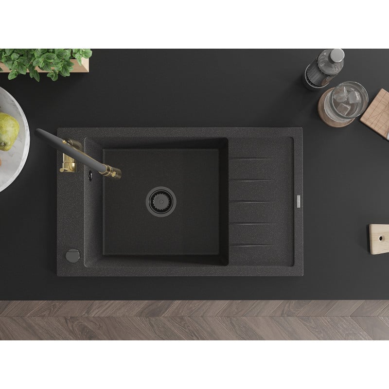Mexen Elias zlewozmywak granitowy 1-komorowy z ociekaczem i baterią kuchenną Aster, czarny nakrapiany - 6511-76-73450-57-B