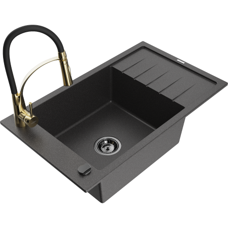 Mexen Elias zlewozmywak granitowy 1-komorowy z ociekaczem i baterią kuchenną Aster, czarny nakrapiany - 6511-76-73450-57-B