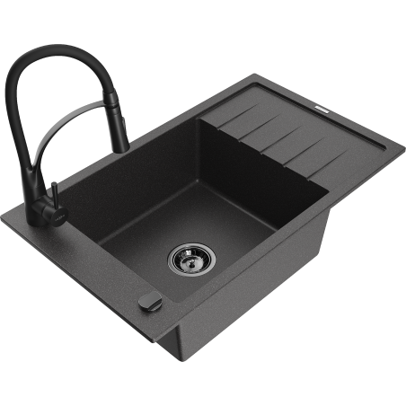 Mexen Elias zlewozmywak granitowy 1-komorowy z ociekaczem i baterią kuchenną Aster, czarny nakrapiany - 6511-76-73450-70-B
