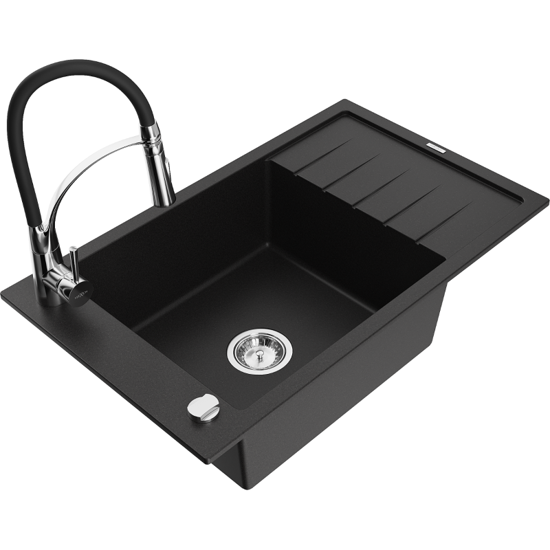 Mexen Elias zlewozmywak granitowy 1-komorowy z ociekaczem i baterią kuchenną Aster, czarny - 6511-77-73450-07