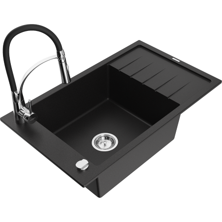 Mexen Elias zlewozmywak granitowy 1-komorowy z ociekaczem i baterią kuchenną Aster, czarny - 6511-77-73450-07