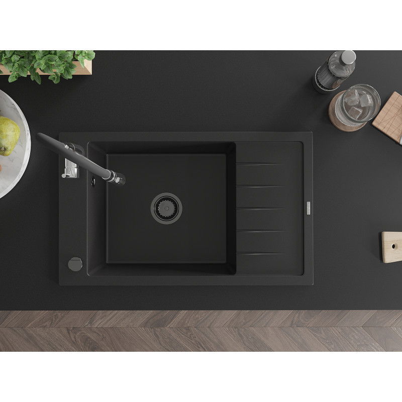 Mexen Elias zlewozmywak granitowy 1-komorowy z ociekaczem i baterią kuchenną Aster, czarny - 6511-77-73450-07-B