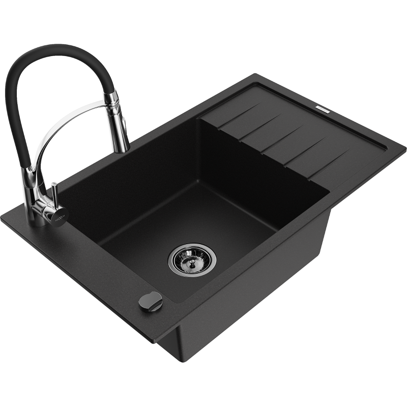 Mexen Elias zlewozmywak granitowy 1-komorowy z ociekaczem i baterią kuchenną Aster, czarny - 6511-77-73450-07-B