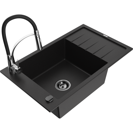 Mexen Elias zlewozmywak granitowy 1-komorowy z ociekaczem i baterią kuchenną Aster, czarny - 6511-77-73450-07-B