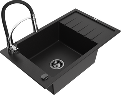 Mexen Elias zlewozmywak granitowy 1-komorowy z ociekaczem i baterią kuchenną Aster, czarny - 6511-77-73450-07-B