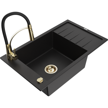 Mexen Elias zlewozmywak granitowy 1-komorowy z ociekaczem i baterią kuchenną Aster, czarny - 6511-77-73450-57-G