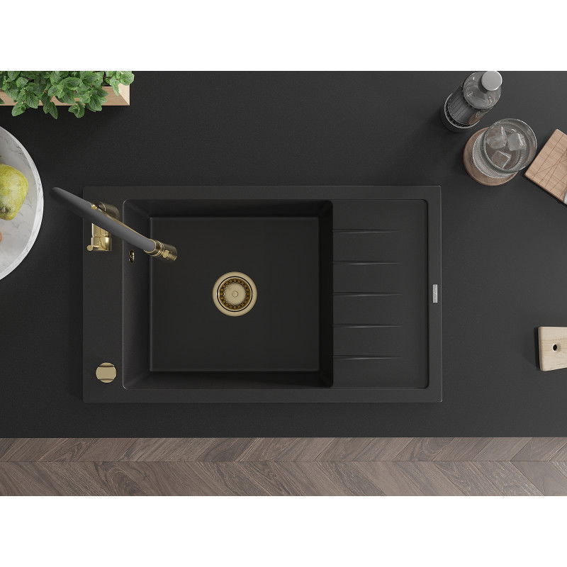 Mexen Elias zlewozmywak granitowy 1-komorowy z ociekaczem i baterią kuchenną Aster, czarny - 6511-77-73450-57-G