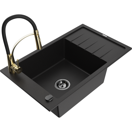 Mexen Elias zlewozmywak granitowy 1-komorowy z ociekaczem i baterią kuchenną Aster, czarny - 6511-77-73450-57-B