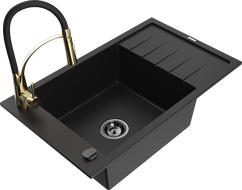 Mexen Elias zlewozmywak granitowy 1-komorowy z ociekaczem i baterią kuchenną Aster, czarny - 6511-77-73450-57-B