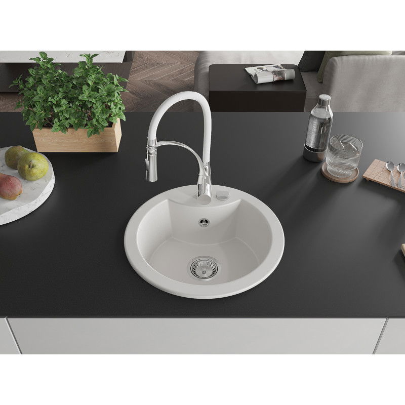 Mexen Diego zlewozmywak granitowy 1-komorowy z baterią kuchenną Aster, biały - 6512-20-73450-02