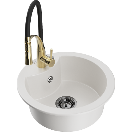 Mexen Diego zlewozmywak granitowy 1-komorowy z baterią kuchenną Aster, biały - 6512-20-73450-57-B