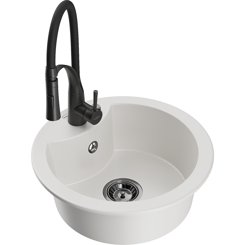 Mexen Diego zlewozmywak granitowy 1-komorowy z baterią kuchenną Aster, biały - 6512-20-73450-70-B