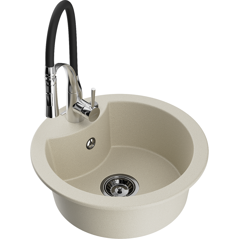 Mexen Diego zlewozmywak granitowy 1-komorowy z baterią kuchenną Aster, beżowy - 6512-69-73450-07-B