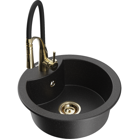 Mexen Diego zlewozmywak granitowy 1-komorowy z baterią kuchenną Aster, czarny/srebrny metalik - 6512-73-73450-57-G