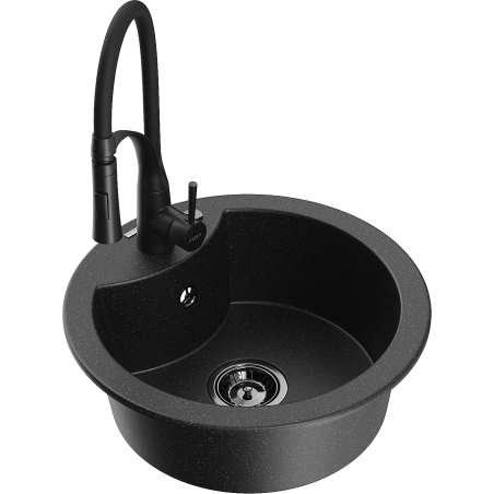 Mexen Diego zlewozmywak granitowy 1-komorowy z baterią kuchenną Aster, czarny/srebrny metalik - 6512-73-73450-70-B