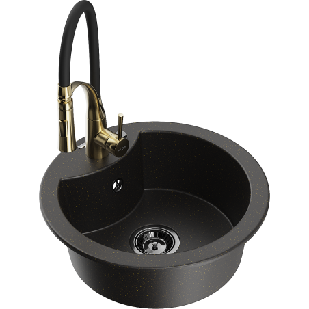 Mexen Diego zlewozmywak granitowy 1-komorowy z baterią kuchenną Aster, czarny/złoty metalik - 6512-75-73450-57-B
