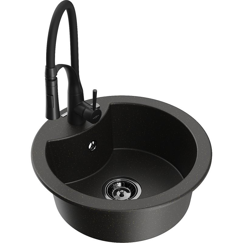 Mexen Diego zlewozmywak granitowy 1-komorowy z baterią kuchenną Aster, czarny/złoty metalik - 6512-75-73450-70-B