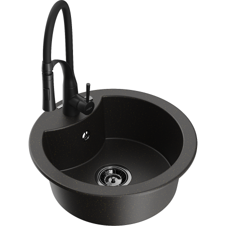 Mexen Diego zlewozmywak granitowy 1-komorowy z baterią kuchenną Aster, czarny/złoty metalik - 6512-75-73450-70-B