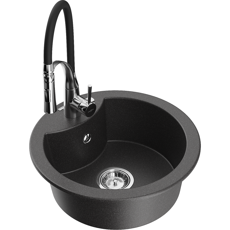 Mexen Diego zlewozmywak granitowy 1-komorowy z baterią kuchenną Aster, czarny nakrapiany - 6512-76-73450-07