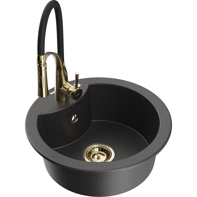 Mexen Diego zlewozmywak granitowy 1-komorowy z baterią kuchenną Aster, czarny nakrapiany - 6512-76-73450-57-G