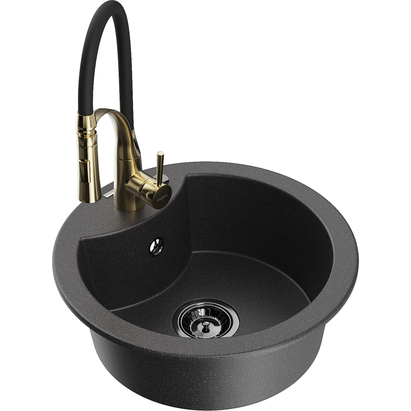 Mexen Diego zlewozmywak granitowy 1-komorowy z baterią kuchenną Aster, czarny nakrapiany - 6512-76-73450-57-B