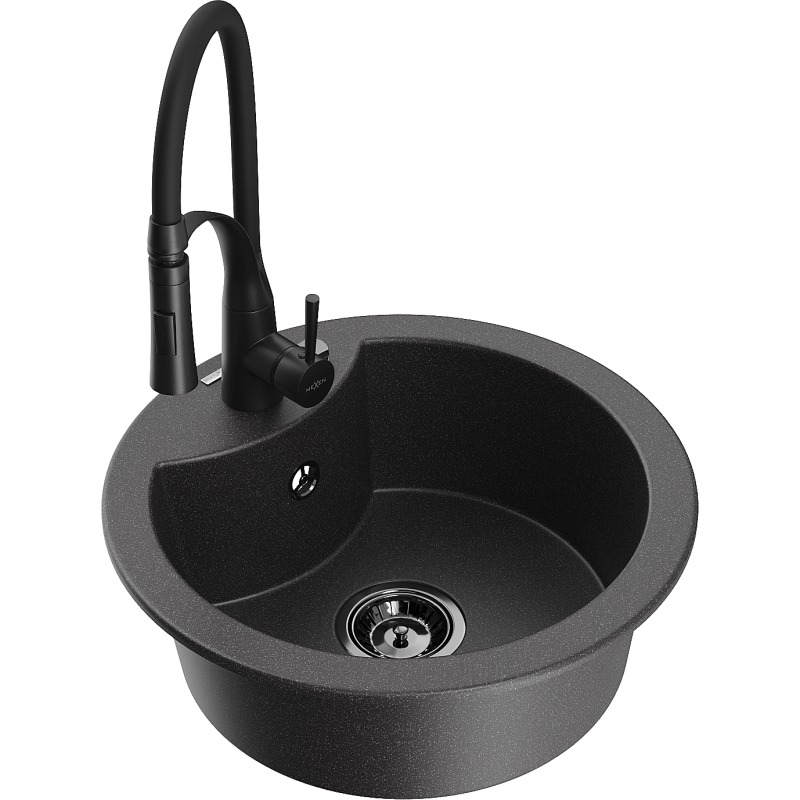 Mexen Diego zlewozmywak granitowy 1-komorowy z baterią kuchenną Aster, czarny nakrapiany - 6512-76-73450-70-B
