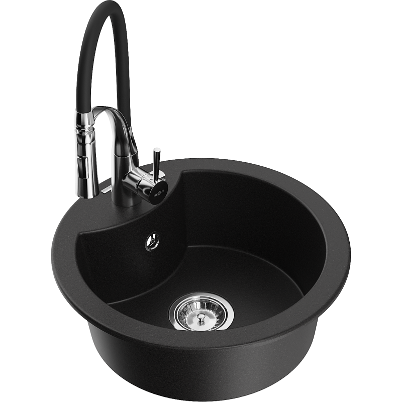 Mexen Diego zlewozmywak granitowy 1-komorowy z baterią kuchenną Aster, czarny - 6512-77-73450-07
