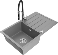Mexen Bruno zlewozmywak granitowy 1-komorowy z ociekaczem i baterią kuchenną Aster, szary - 6513-71-73450-07