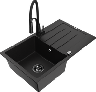 Mexen Bruno zlewozmywak granitowy 1-komorowy z ociekaczem i baterią kuchenną Aster, czarny - 6513-77-73450-70-B