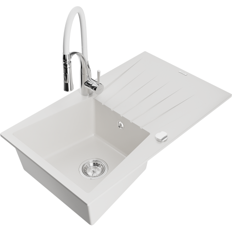 Mexen Cesar zlewozmywak granitowy 1-komorowy z ociekaczem i baterią kuchenną Aster, biały - 6514-20-73450-02