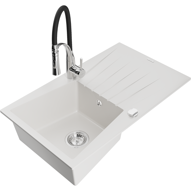 Mexen Cesar zlewozmywak granitowy 1-komorowy z ociekaczem i baterią kuchenną Aster, biały - 6514-20-73450-07