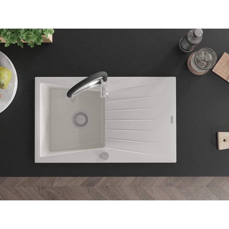 Mexen Cesar zlewozmywak granitowy 1-komorowy z ociekaczem i baterią kuchenną Aster, biały - 6514-20-73450-07