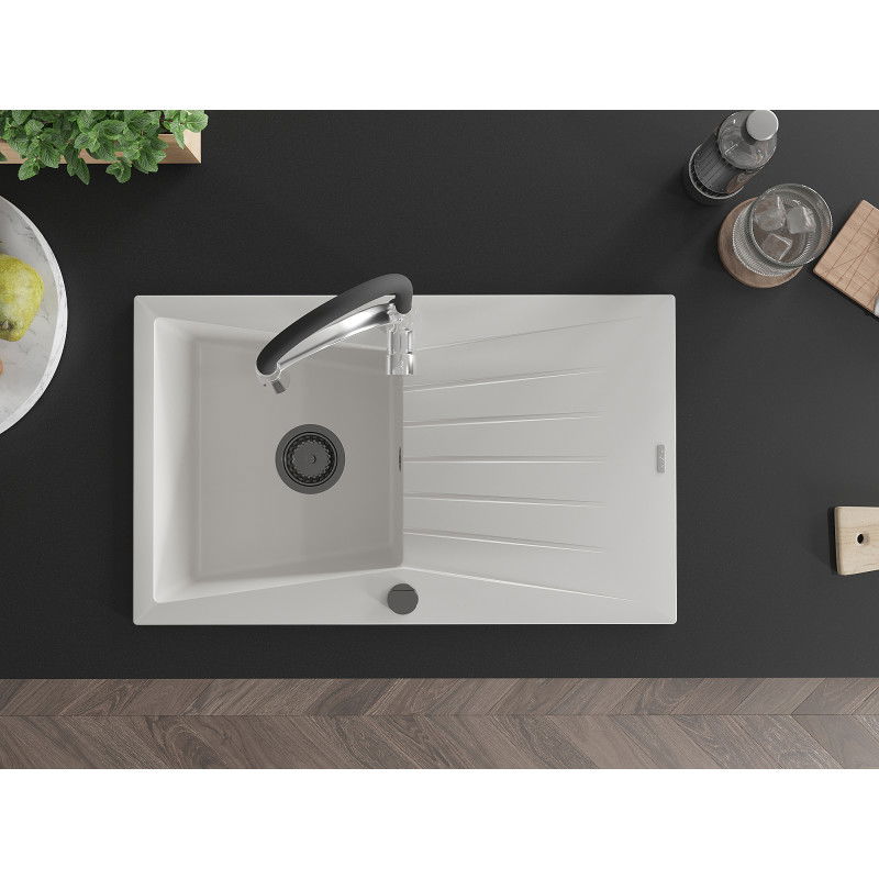 Mexen Cesar zlewozmywak granitowy 1-komorowy z ociekaczem i baterią kuchenną Aster, biały - 6514-20-73450-07-B