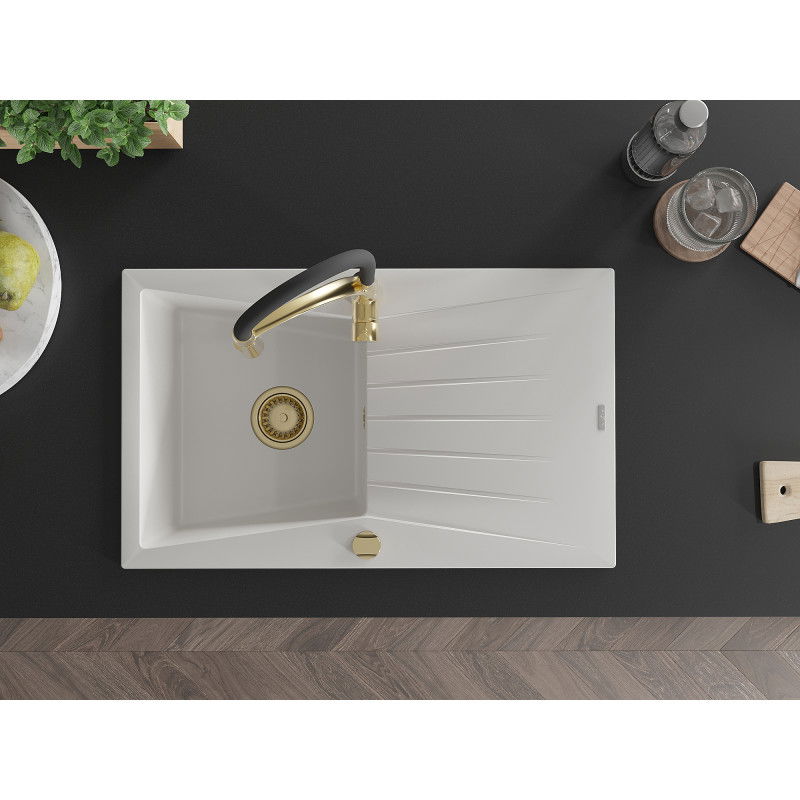 Mexen Cesar zlewozmywak granitowy 1-komorowy z ociekaczem i baterią kuchenną Aster, biały - 6514-20-73450-57-G