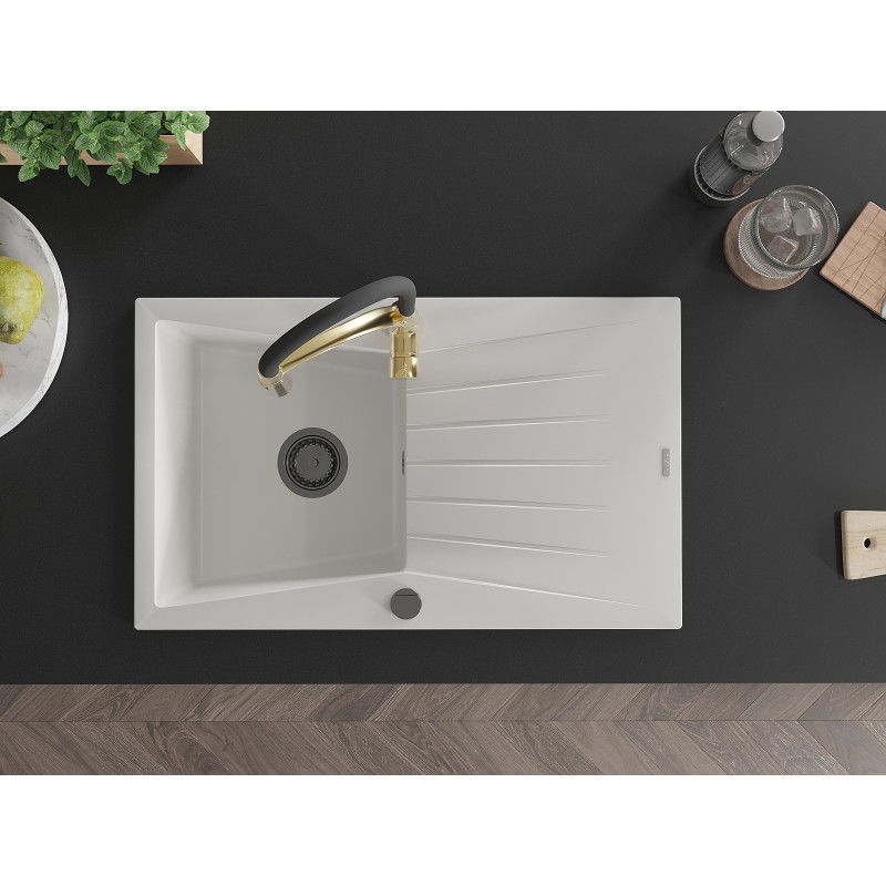 Mexen Cesar zlewozmywak granitowy 1-komorowy z ociekaczem i baterią kuchenną Aster, biały - 6514-20-73450-57-B