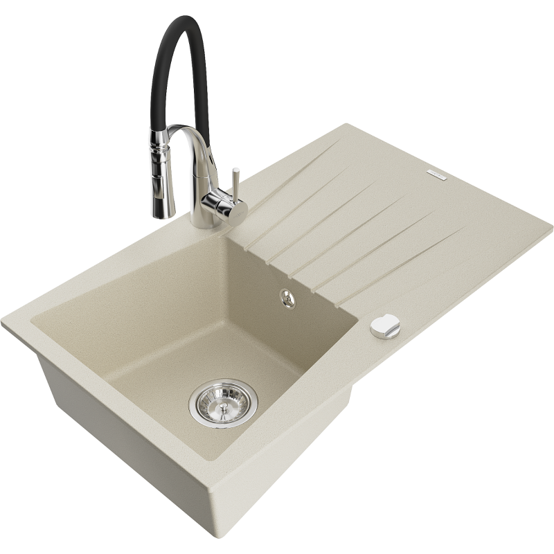 Mexen Cesar zlewozmywak granitowy 1-komorowy z ociekaczem i baterią kuchenną Aster, beżowy - 6514-69-73450-07