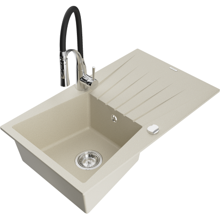 Mexen Cesar zlewozmywak granitowy 1-komorowy z ociekaczem i baterią kuchenną Aster, beżowy - 6514-69-73450-07