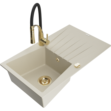 Mexen Cesar zlewozmywak granitowy 1-komorowy z ociekaczem i baterią kuchenną Aster, beżowy - 6514-69-73450-57-G