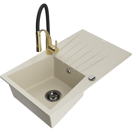 Mexen Cesar zlewozmywak granitowy 1-komorowy z ociekaczem i baterią kuchenną Aster, beżowy - 6514-69-73450-57-B