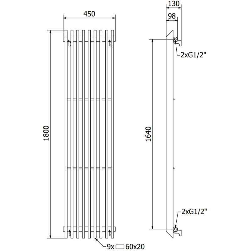 Mexen Aurora grzejnik dekoracyjny 1800 x 450 mm, 1347 W, czarny - W212-1800-450-00-70